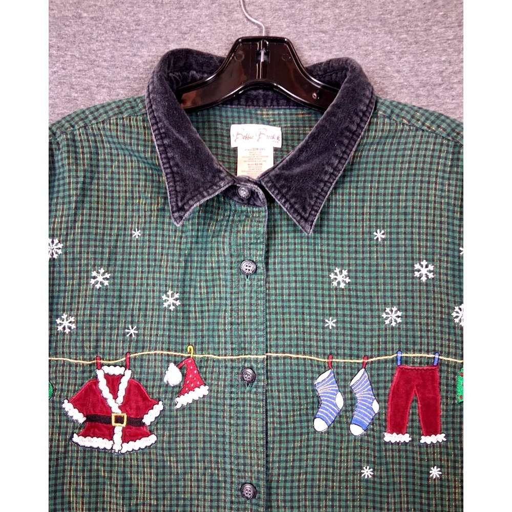 Bobbie Brooks Womens 22W Green Metalic Plaid Santa Clothesline Christmas Holiday